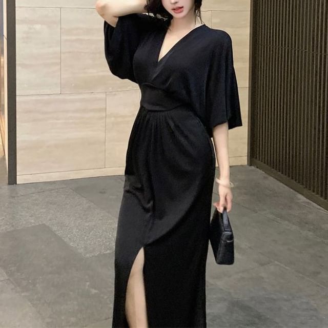 Long-Sleeve V-Neck Plain Slit Maxi Sheath Dress