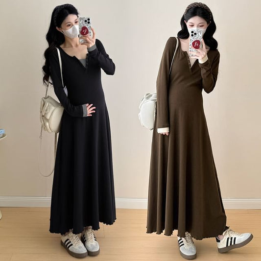 Maternity Mock Two-Piece Long-Sleeve Notch Neck Two Tone Maxi A-Line Dress