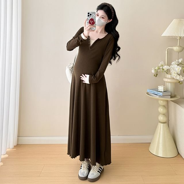 Maternity Mock Two-Piece Long-Sleeve Notch Neck Two Tone Maxi A-Line Dress