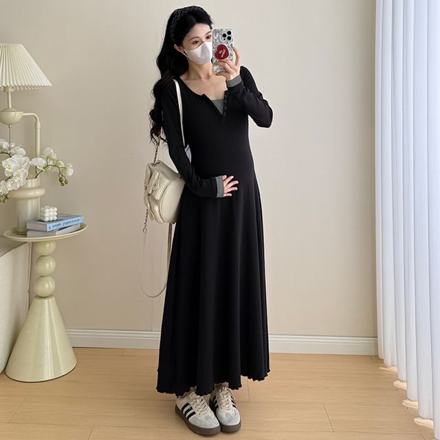 Maternity Mock Two-Piece Long-Sleeve Notch Neck Two Tone Maxi A-Line Dress