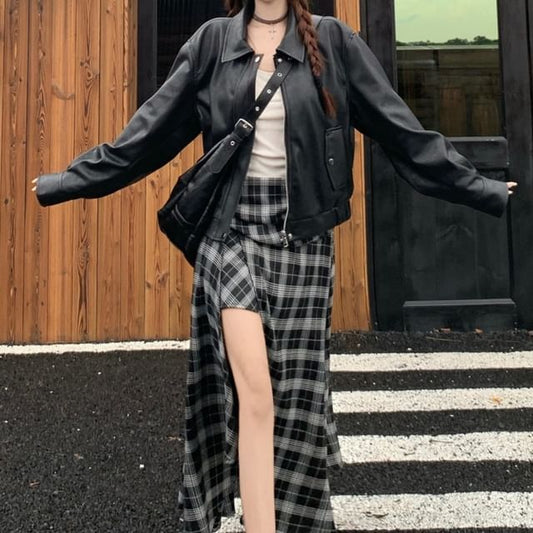 Faux Leather Zip Jacket with Plaid Asymmetrical Maxi Skirt