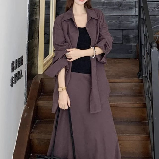 Oversized Long-Sleeve Shirt with Maxi A-Line Skirt and Cami Set