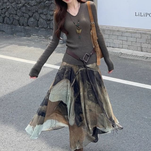 Hooded V-Neck Sweater with Tie Dye Asymmetrical Maxi Skirt