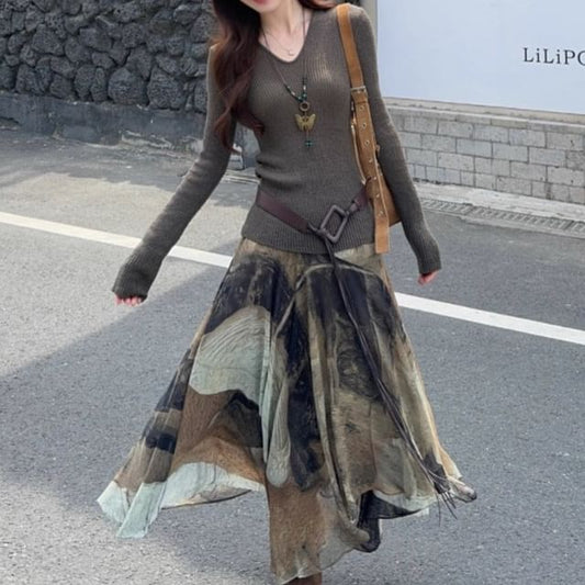 Hooded V-Neck Sweater with Tie Dye Asymmetrical Maxi Skirt