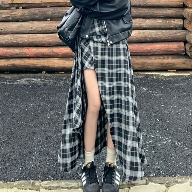 Faux Leather Zip Jacket with Plaid Asymmetrical Maxi Skirt
