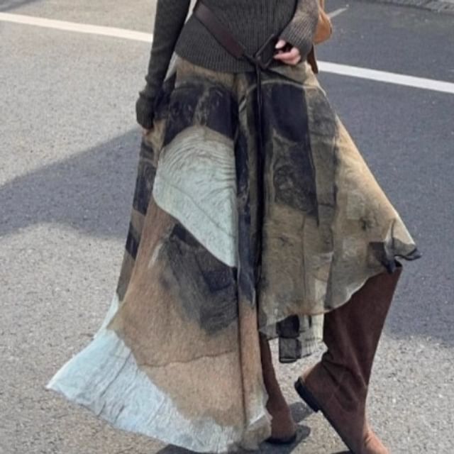 Hooded V-Neck Sweater with Tie Dye Asymmetrical Maxi Skirt