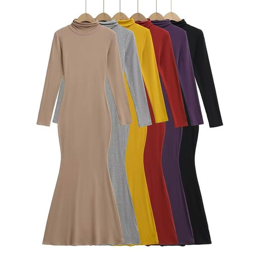 Long-Sleeve Mock Neck Plain Maxi Bodycon Dress