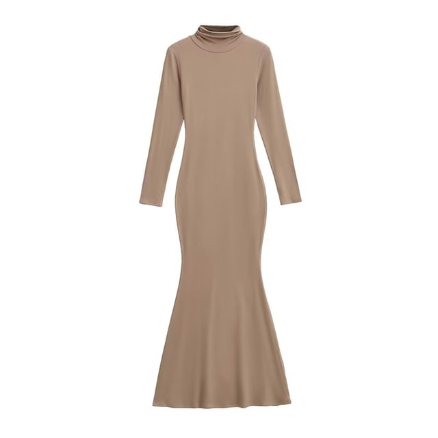 Long-Sleeve Mock Neck Plain Maxi Bodycon Dress