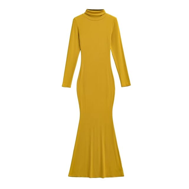 Long-Sleeve Mock Neck Plain Maxi Bodycon Dress