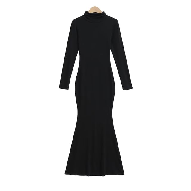 Long-Sleeve Mock Neck Plain Maxi Bodycon Dress