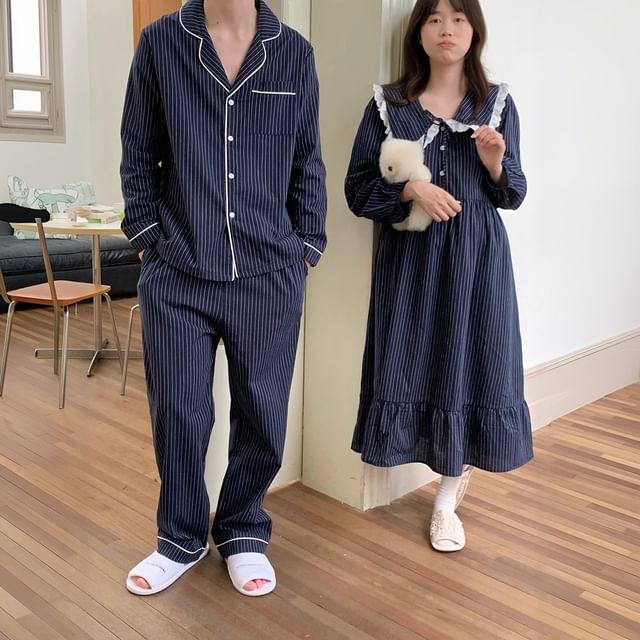 Couple Matching Long Sleeve Collared Pinstriped Ruffle Pajama Dress / Long Sleeve Shirt / Mid Rise Straight Leg Pants / Set