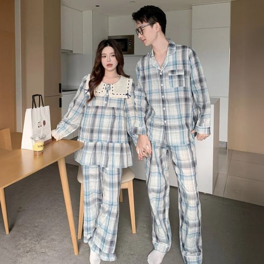 Couple Matching Long Sleeve Contrast Collar Plaid Ruffle Pajama Dress / Long Sleeve Blouse / Shirt / Straight Leg Pants / Set (Various Designs)
