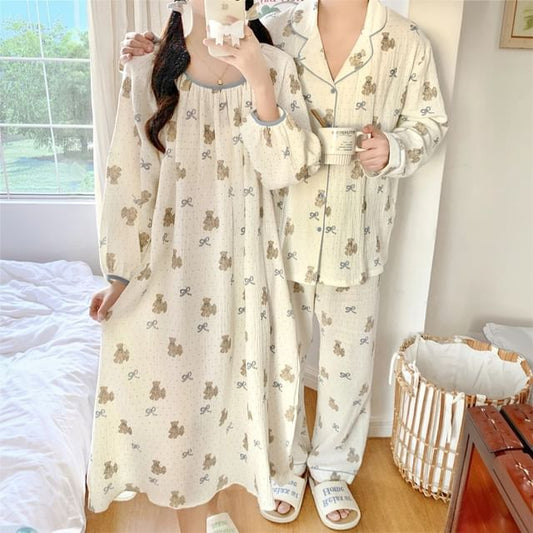 Couple Matching Long Sleeve Round Neck Bear Bow Print Pajama Dress / Long Sleeve Collared Shirt / Mid Rise Straight Leg Pants / Set
