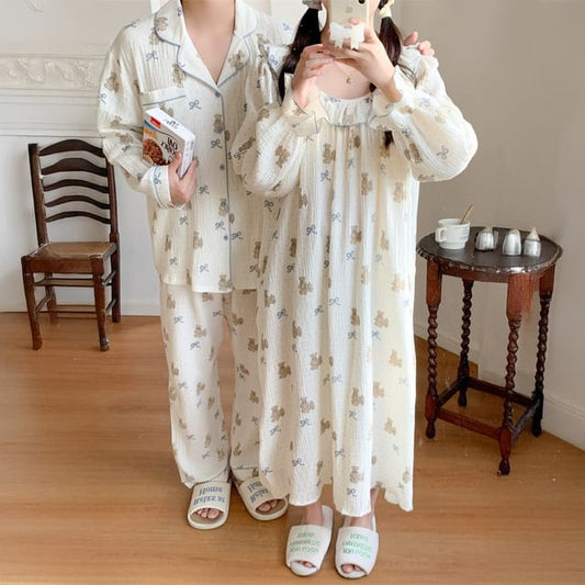 Couple Matching Long Sleeve Round Neck Bear Bow Print Ruffle Pajama Dress / Long Sleeve Collared Shirt / Mid Rise Straight Leg Pants / Set