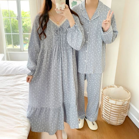Couple Matching Long Sleeve V-Neck Floral Print Bow Pajama Dress / Long Sleeve Collared Shirt / Mid Rise Straight Leg Pants / Set