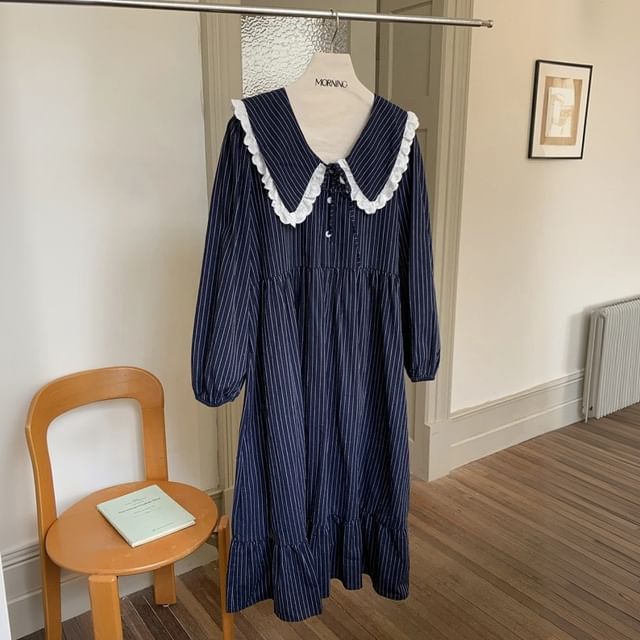 Couple Matching Long Sleeve Collared Pinstriped Ruffle Pajama Dress / Long Sleeve Shirt / Mid Rise Straight Leg Pants / Set