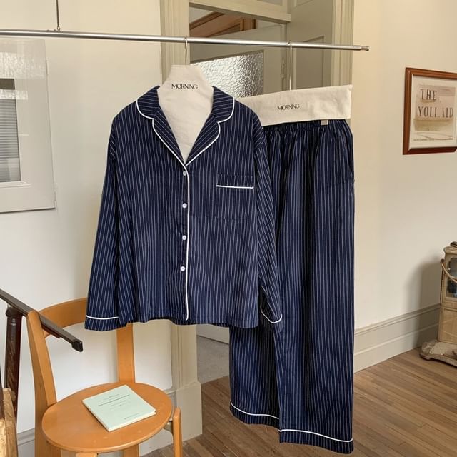 Couple Matching Long Sleeve Collared Pinstriped Ruffle Pajama Dress / Long Sleeve Shirt / Mid Rise Straight Leg Pants / Set