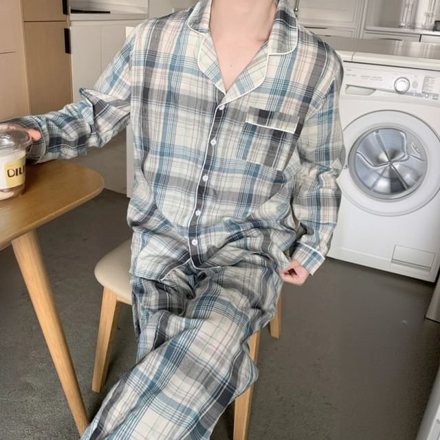 Couple Matching Long Sleeve Contrast Collar Plaid Ruffle Pajama Dress / Long Sleeve Blouse / Shirt / Straight Leg Pants / Set (Various Designs)