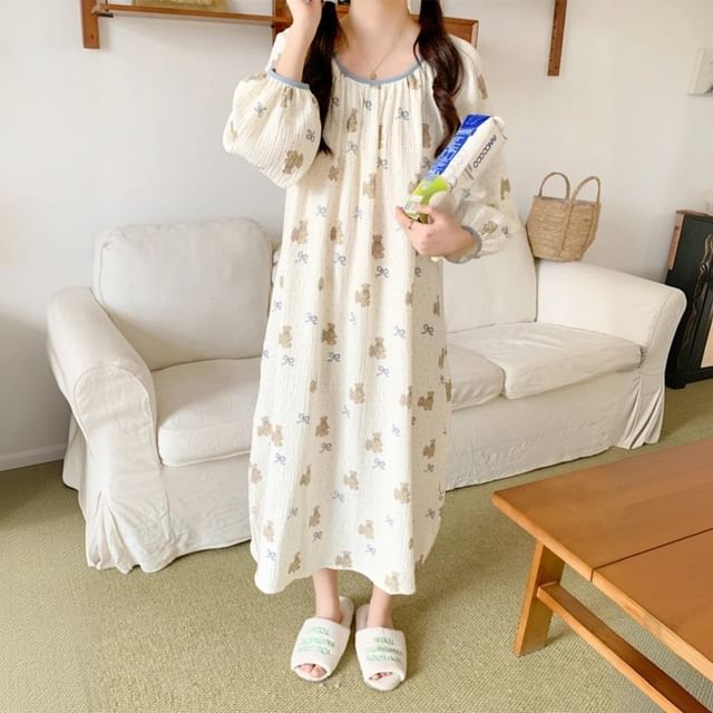 Couple Matching Long Sleeve Round Neck Bear Bow Print Pajama Dress / Long Sleeve Collared Shirt / Mid Rise Straight Leg Pants / Set