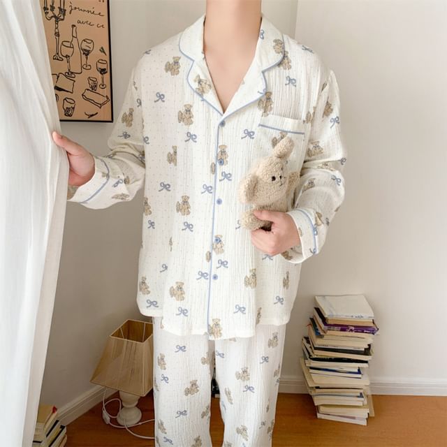 Couple Matching Long Sleeve Round Neck Bear Bow Print Ruffle Pajama Dress / Long Sleeve Collared Shirt / Mid Rise Straight Leg Pants / Set