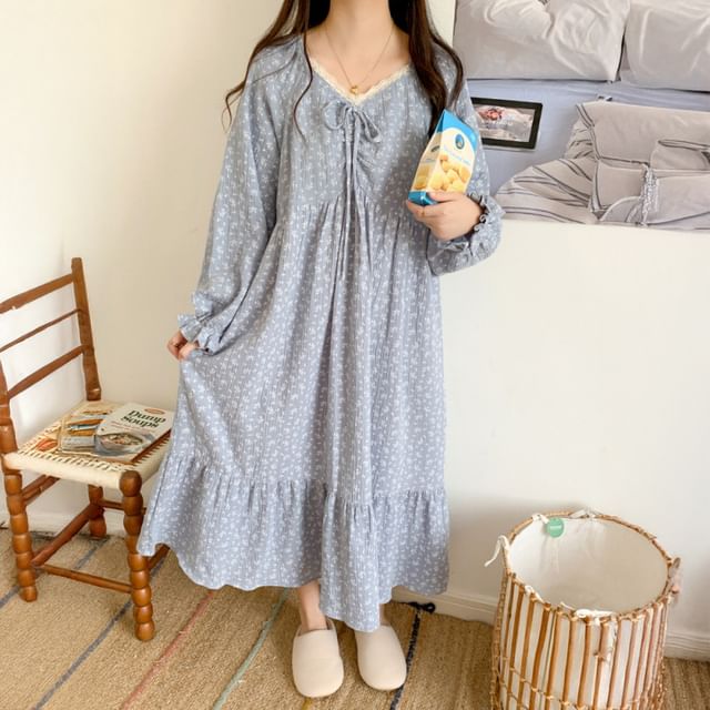 Couple Matching Long Sleeve V-Neck Floral Print Bow Pajama Dress / Long Sleeve Collared Shirt / Mid Rise Straight Leg Pants / Set