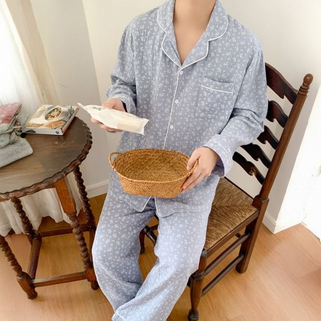 Couple Matching Long Sleeve V-Neck Floral Print Bow Pajama Dress / Long Sleeve Collared Shirt / Mid Rise Straight Leg Pants / Set