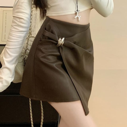 Metal Accent Ruched Mini A-Line Skirt with High Waist
