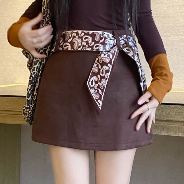Faux Suede Mini A-Line Skirt with High Waist
