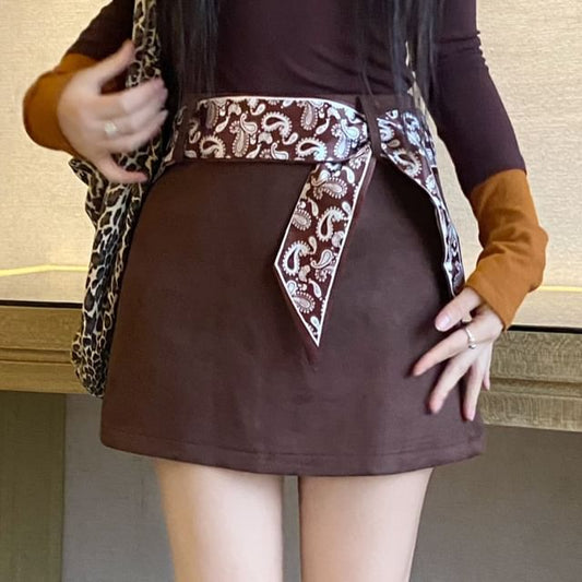 Faux Suede Mini A-Line Skirt with High Waist