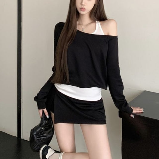 Halter Neck Off-Shoulder Crop Top with Slit Mini Pencil Skirt Set