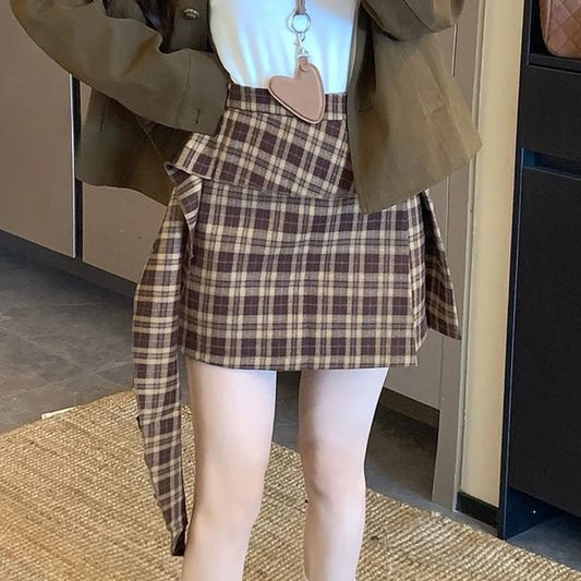 Plaid Asymmetrical Slit Mini Pencil Skirt with High Rise