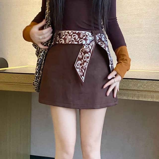 Faux Suede Mini A-Line Skirt with High Waist