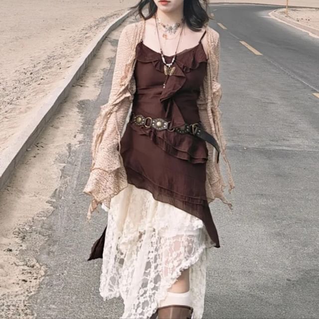 Spaghetti Strap Ruffle Asymmetrical Mini Dress / Bell-Sleeve Tie-Front Cardigan / Asymmetrical Hanky Hem Midi Lace Skirt