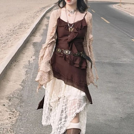 Spaghetti Strap Ruffle Asymmetrical Mini Dress / Bell-Sleeve Tie-Front Cardigan / Asymmetrical Hanky Hem Midi Lace Skirt