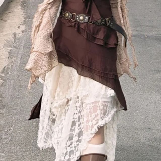 Spaghetti Strap Ruffle Asymmetrical Mini Dress / Bell-Sleeve Tie-Front Cardigan / Asymmetrical Hanky Hem Midi Lace Skirt