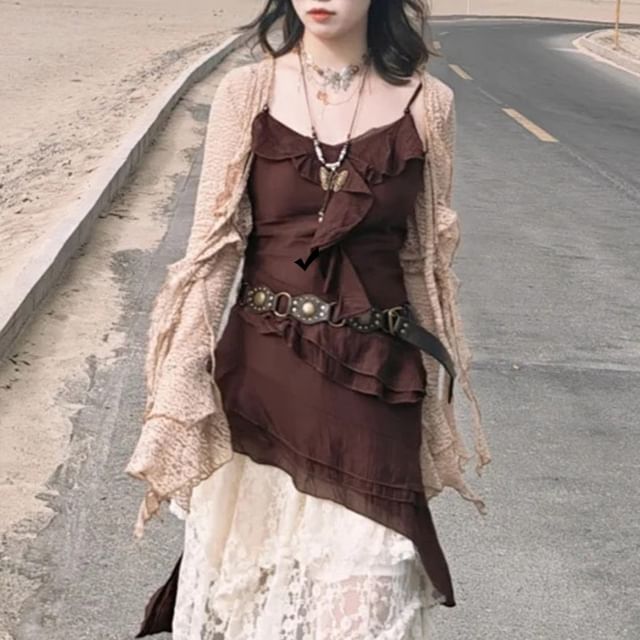 Spaghetti Strap Ruffle Asymmetrical Mini Dress / Bell-Sleeve Tie-Front Cardigan / Asymmetrical Hanky Hem Midi Lace Skirt