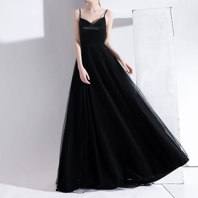 Spaghetti Strap V-Neck Plain A-Line Evening Gown