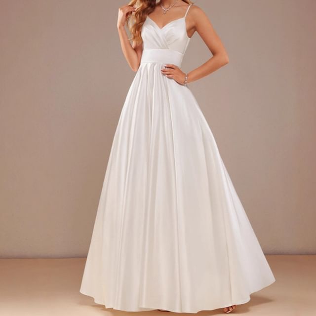 Spaghetti Strap V-Neck Plain Evening Gown