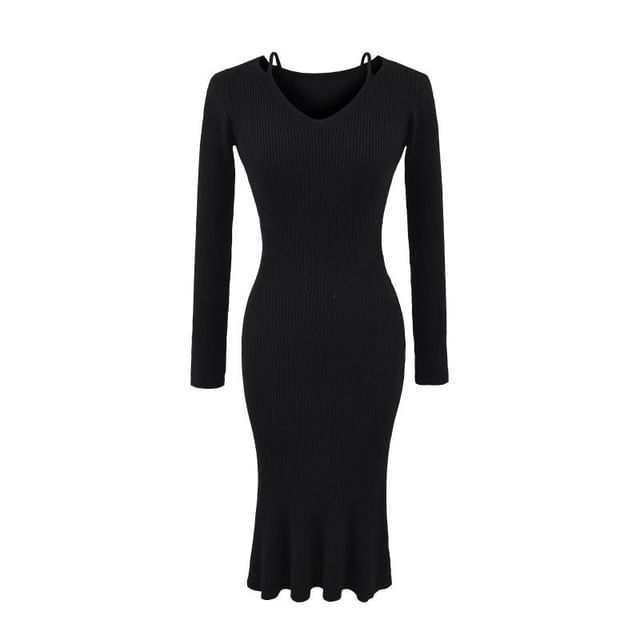 Long-Sleeve V-Neck Cutout Plain Maxi Mermaid Dress