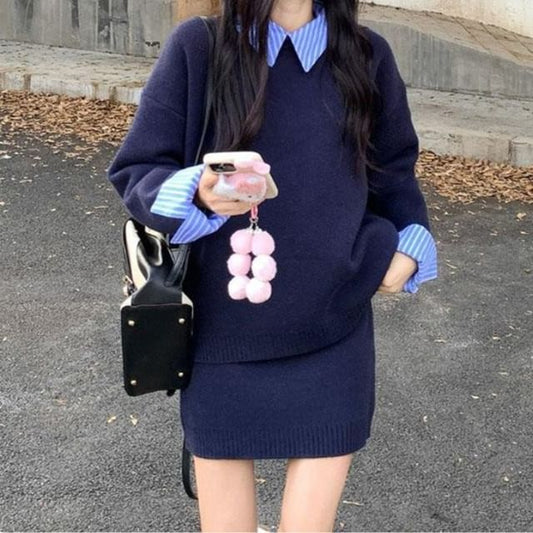 Striped Collar Sweater with Knit Mini Skirt Set