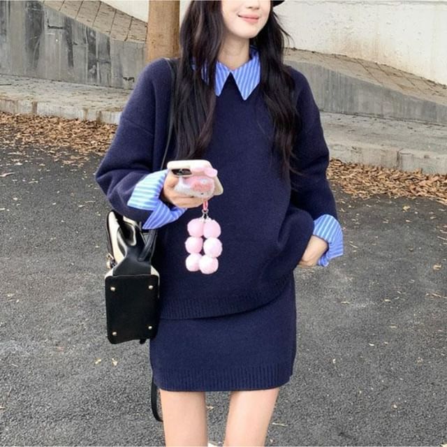 Striped Collar Sweater with Knit Mini Skirt Set