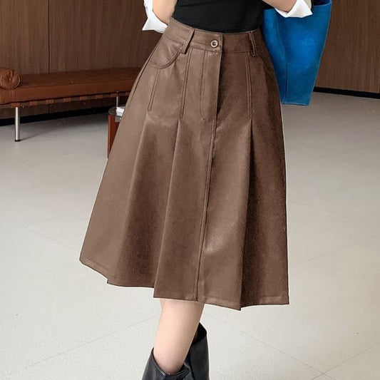 Pleated Faux Leather Midi A-Line Skirt with High Rise