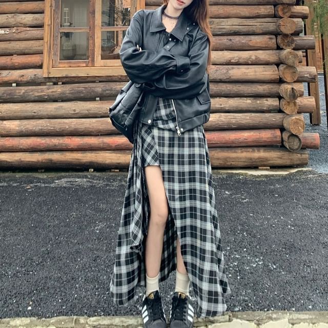 Collared Faux Leather Zip Jacket with Plaid Asymmetrical Maxi Skirt