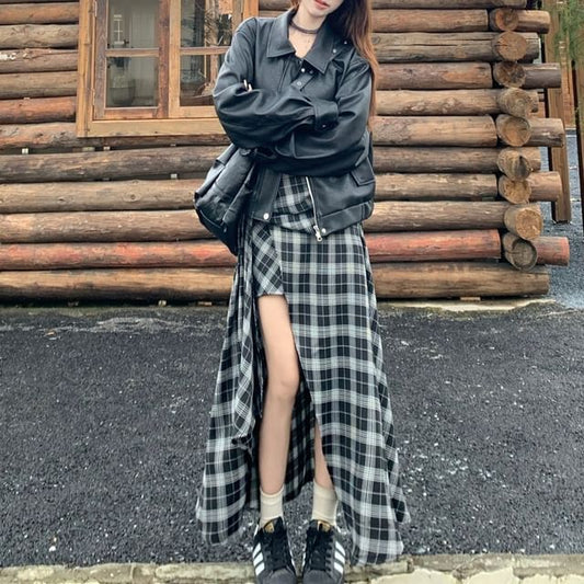 Collared Faux Leather Zip Jacket with Plaid Asymmetrical Maxi Skirt