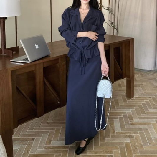 Stand Collar Drawstring Shirt with Maxi A-Line Skirt