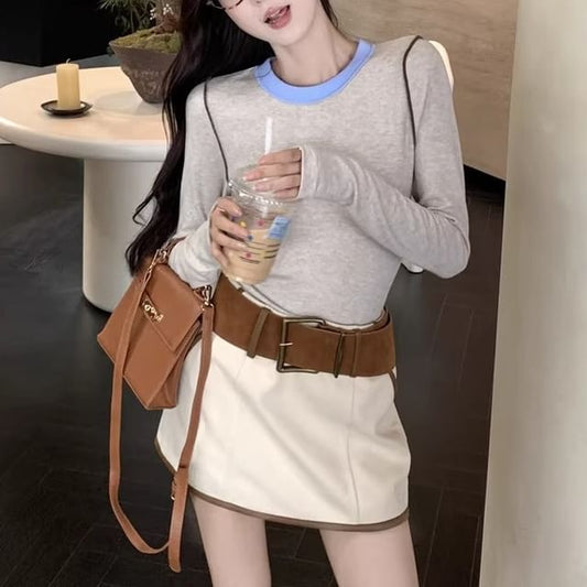 Crew Neck Contrast Trim Tee with Mini A-Line Skirt