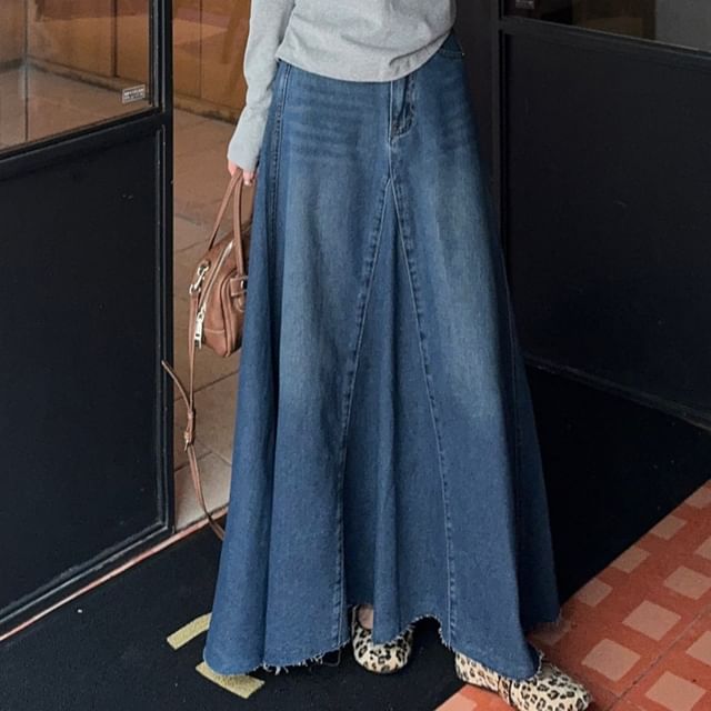 One Shoulder Frill Top with Washed Fray Maxi Denim Skirt