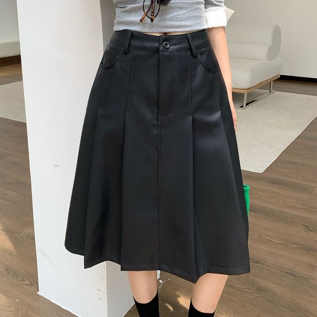 Pleated Faux Leather Midi A-Line Skirt with High Rise