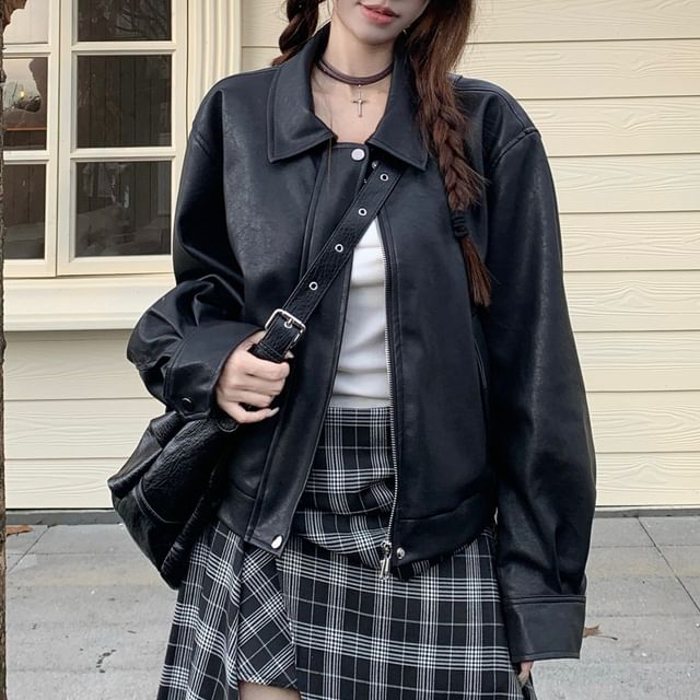 Collared Faux Leather Zip Jacket with Plaid Asymmetrical Maxi Skirt