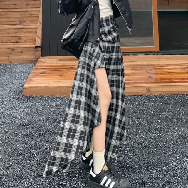 Collared Faux Leather Zip Jacket with Plaid Asymmetrical Maxi Skirt